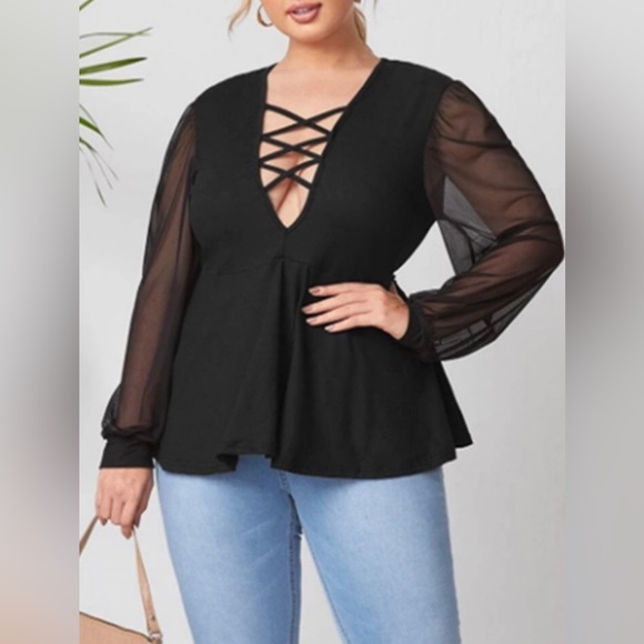 Urbanic Black Deep neck top with sheer sleeves - Picture 4 of 10
